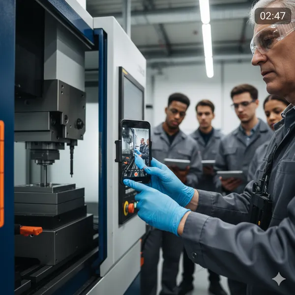 Manufacturing technician recording a physical process on the shop floor using a smartphone to create digital work instructions.