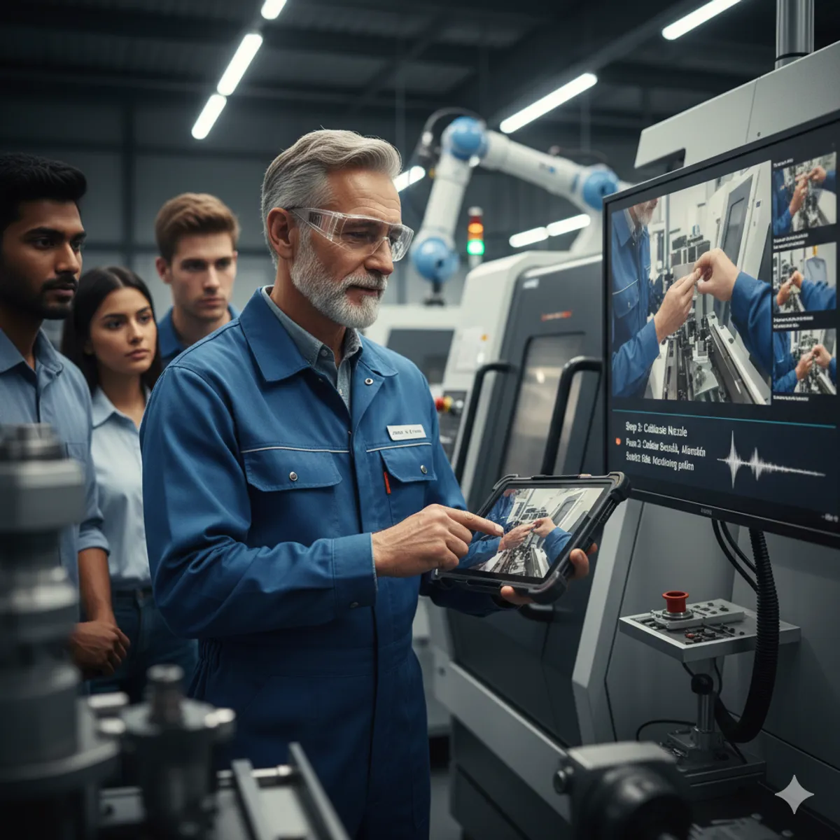 Senior manufacturing technician recording a process on the shop floor with AI work instructions from video